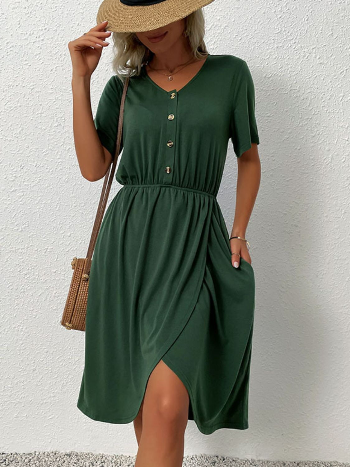 Dark Green V-Neck Short Sleeve Knee Length Dress