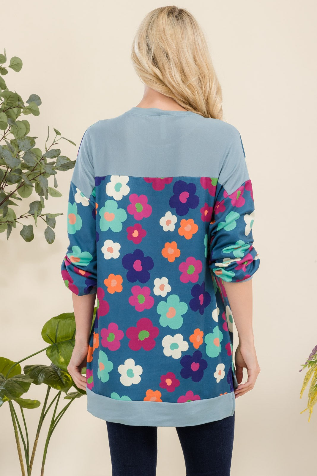 Flower Print Long Sleeve Tunic Top in Teal