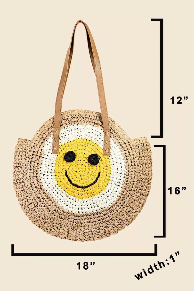 Woven bag with smiley face design and measurements on a beige background