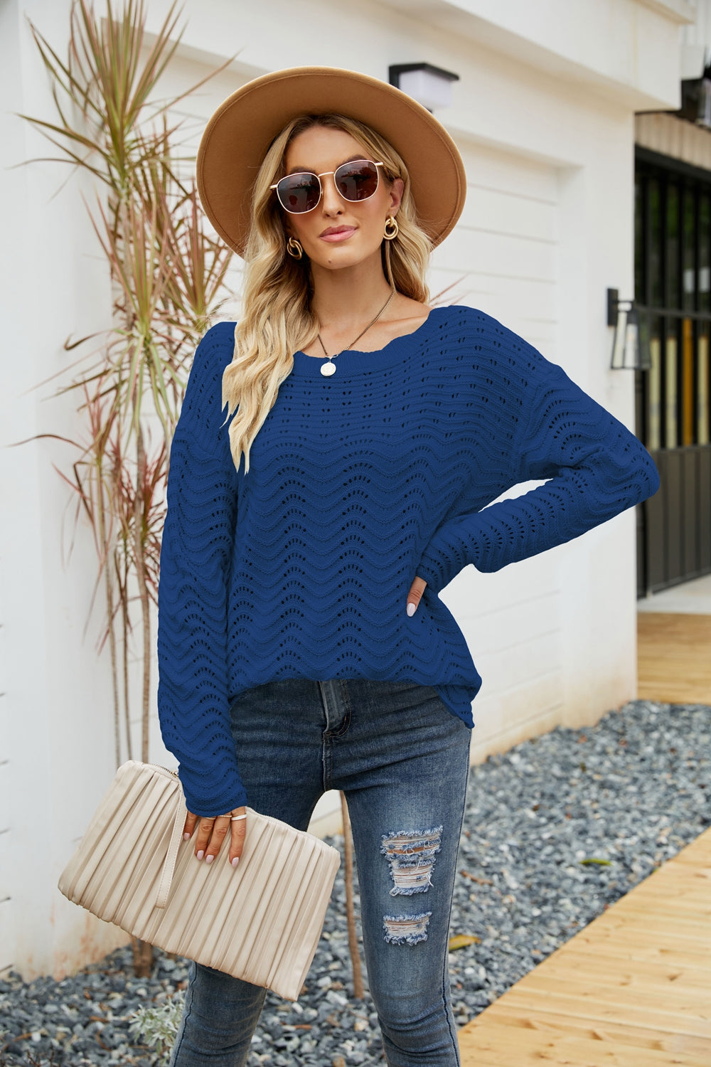 Scalloped Boat Neck Crochet Tunic Sweater