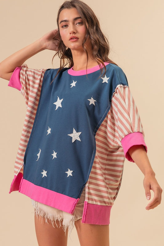 US Flag Theme Color Block Tunic T-Shirt in Navy Multi