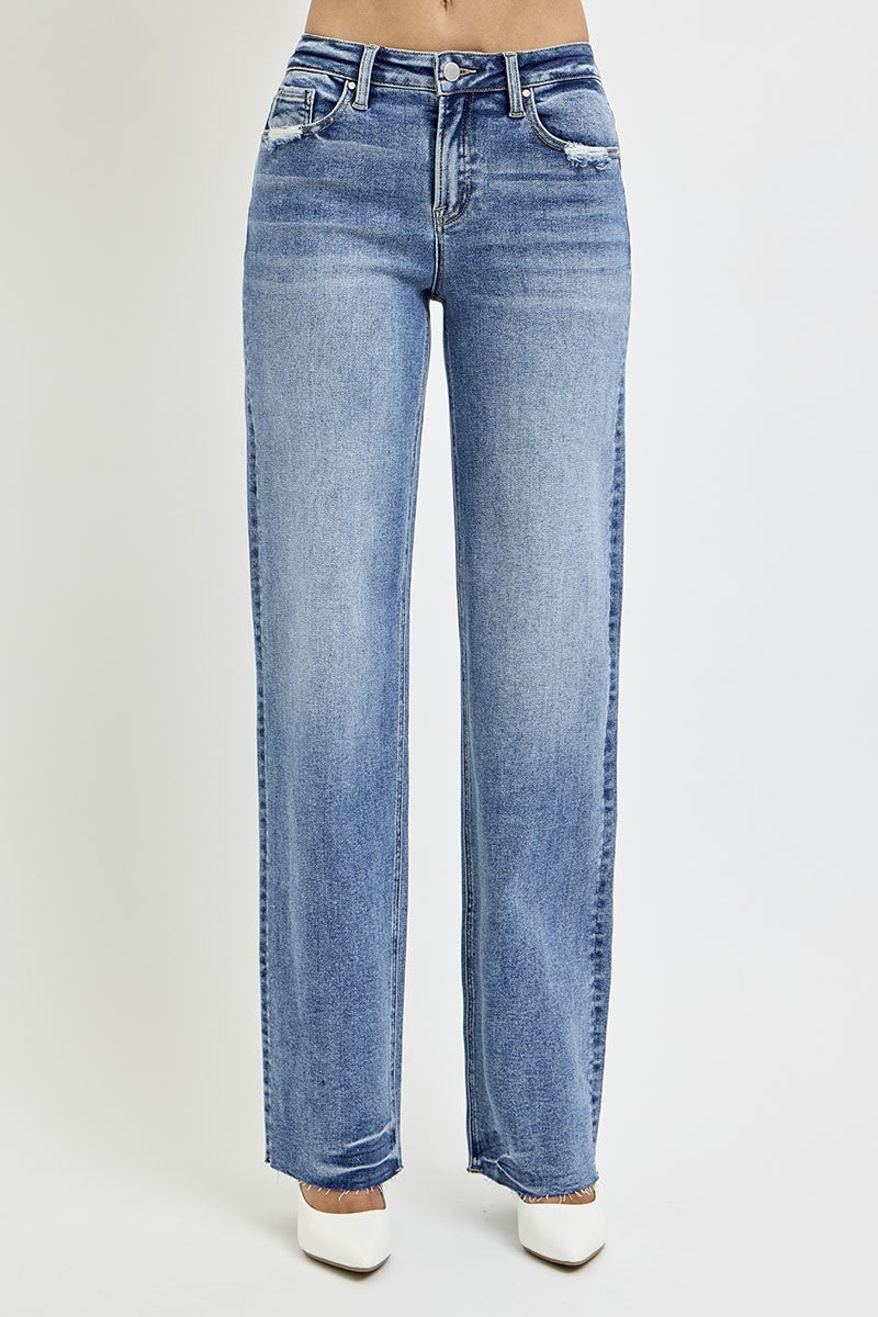 Medium Wash High Rise Straight Leg Jeans