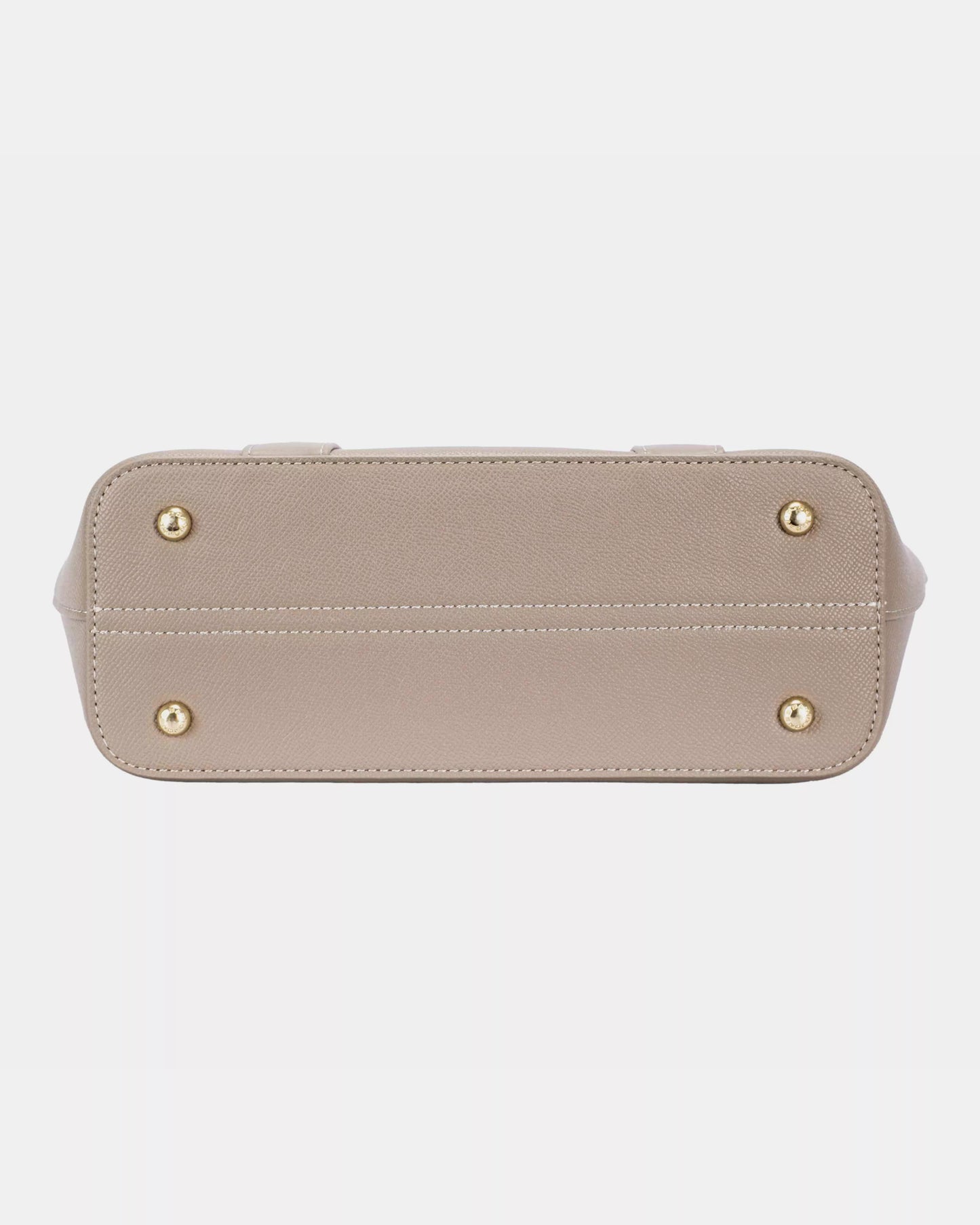 Beige handbag with gold accents on a light gray background