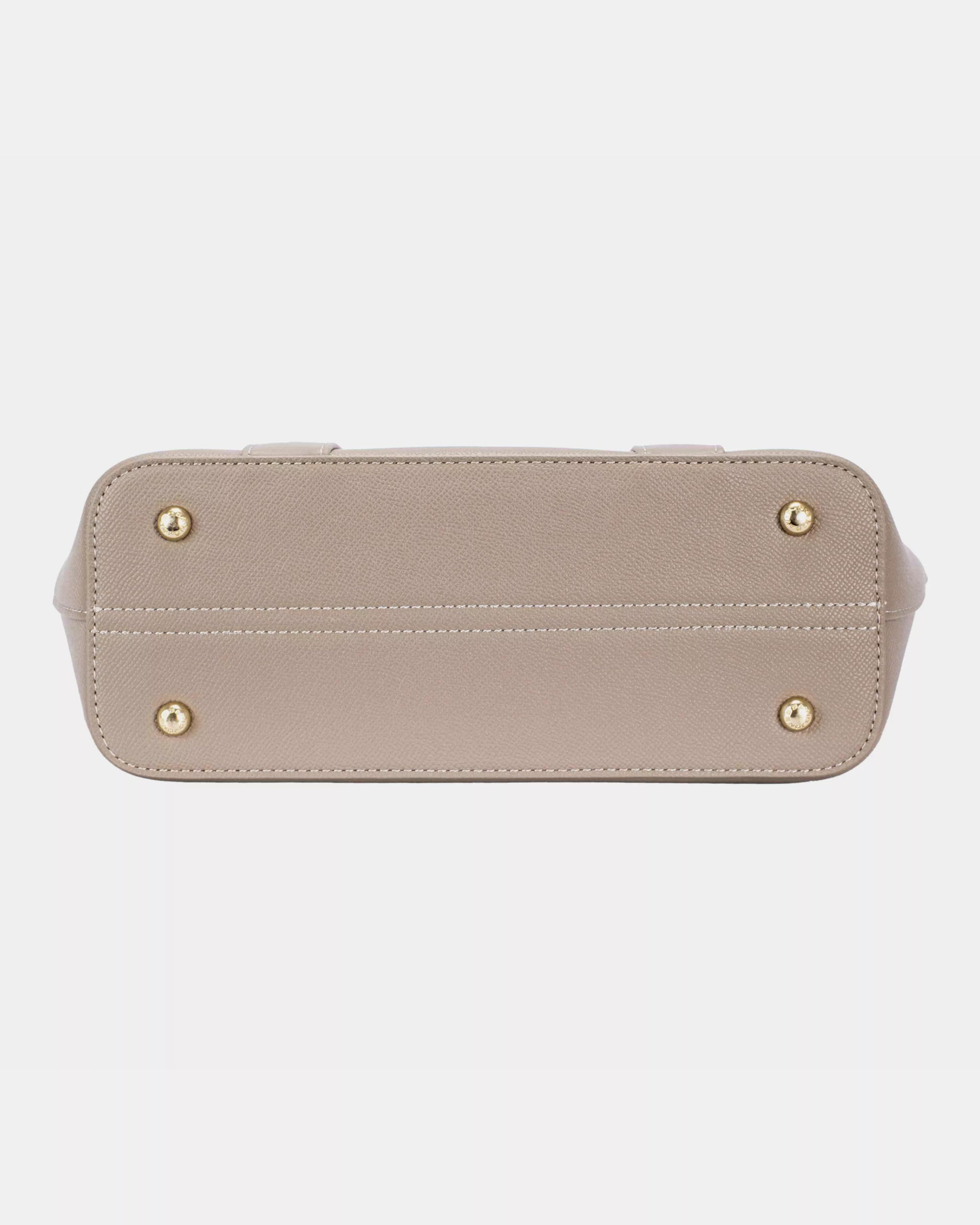 Beige handbag with gold accents on a light gray background