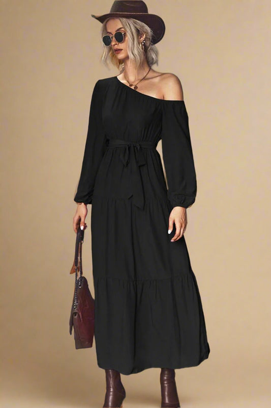 Belted One-Shoulder Tiered Maxi Dress