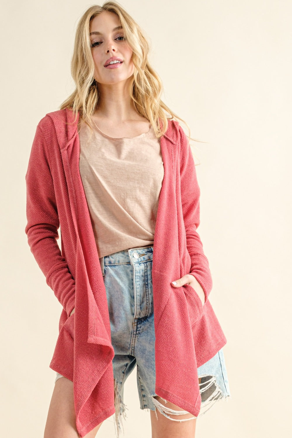 Thermal Hooded Open Front Cardigan in Rose Pink