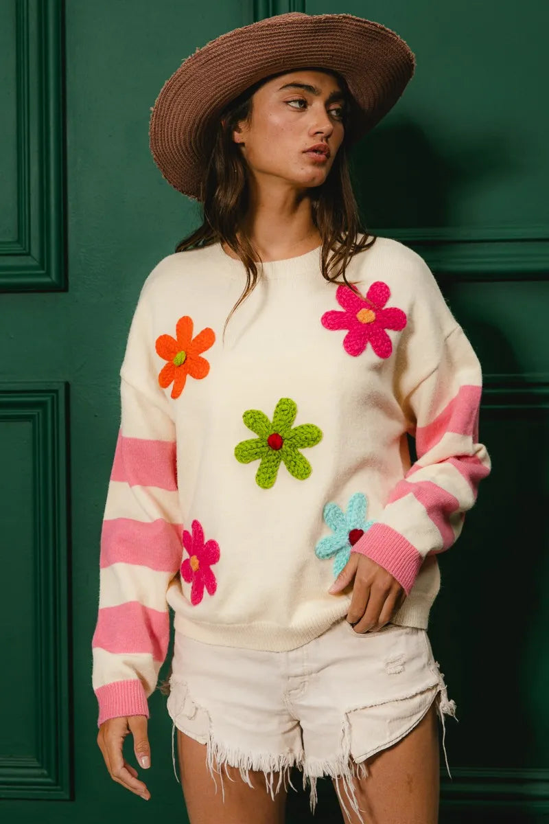 Person wearing a sweater with colorful flower patterns against a green wall.