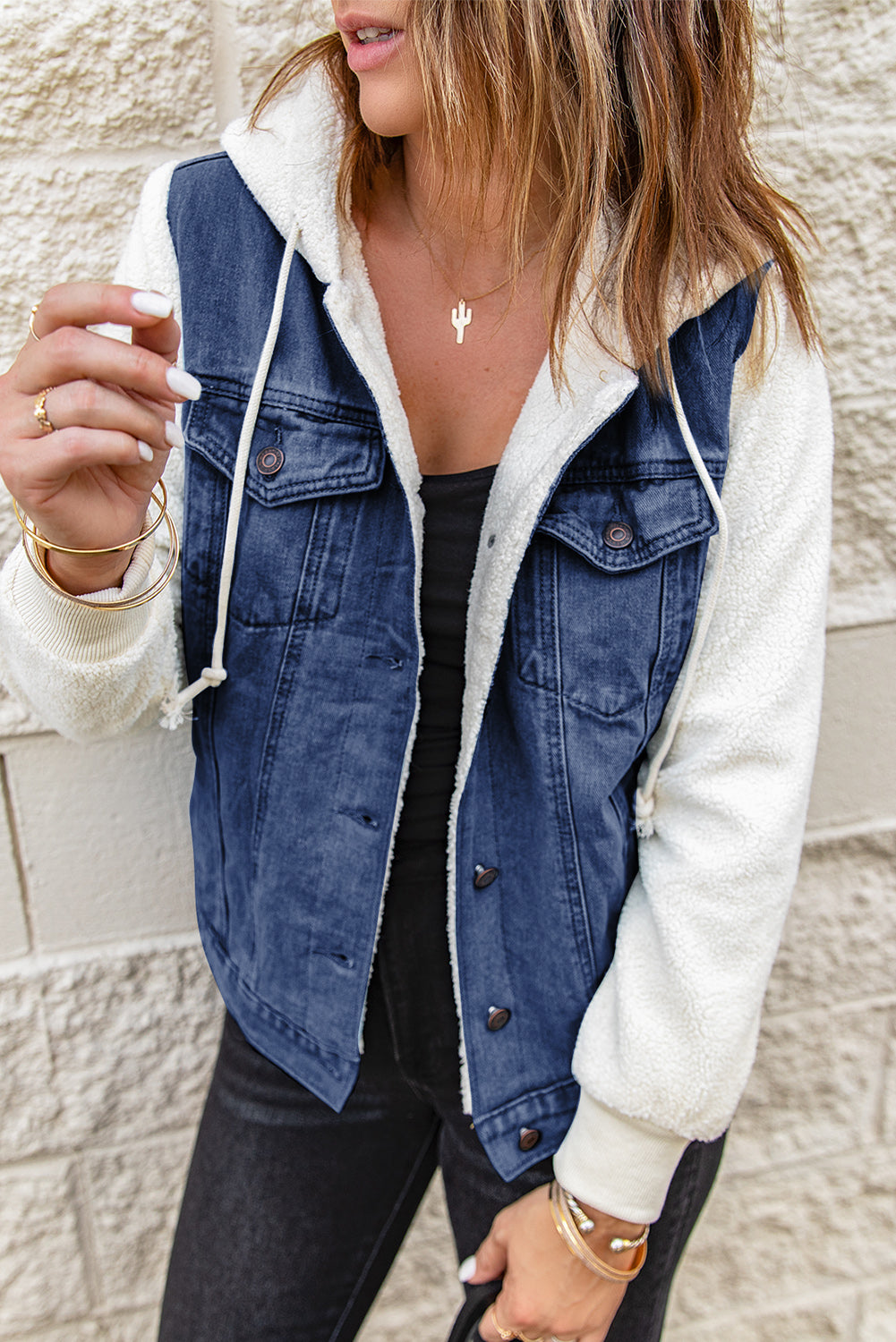 Layered Look Denim Sherpa Hooded Jacket