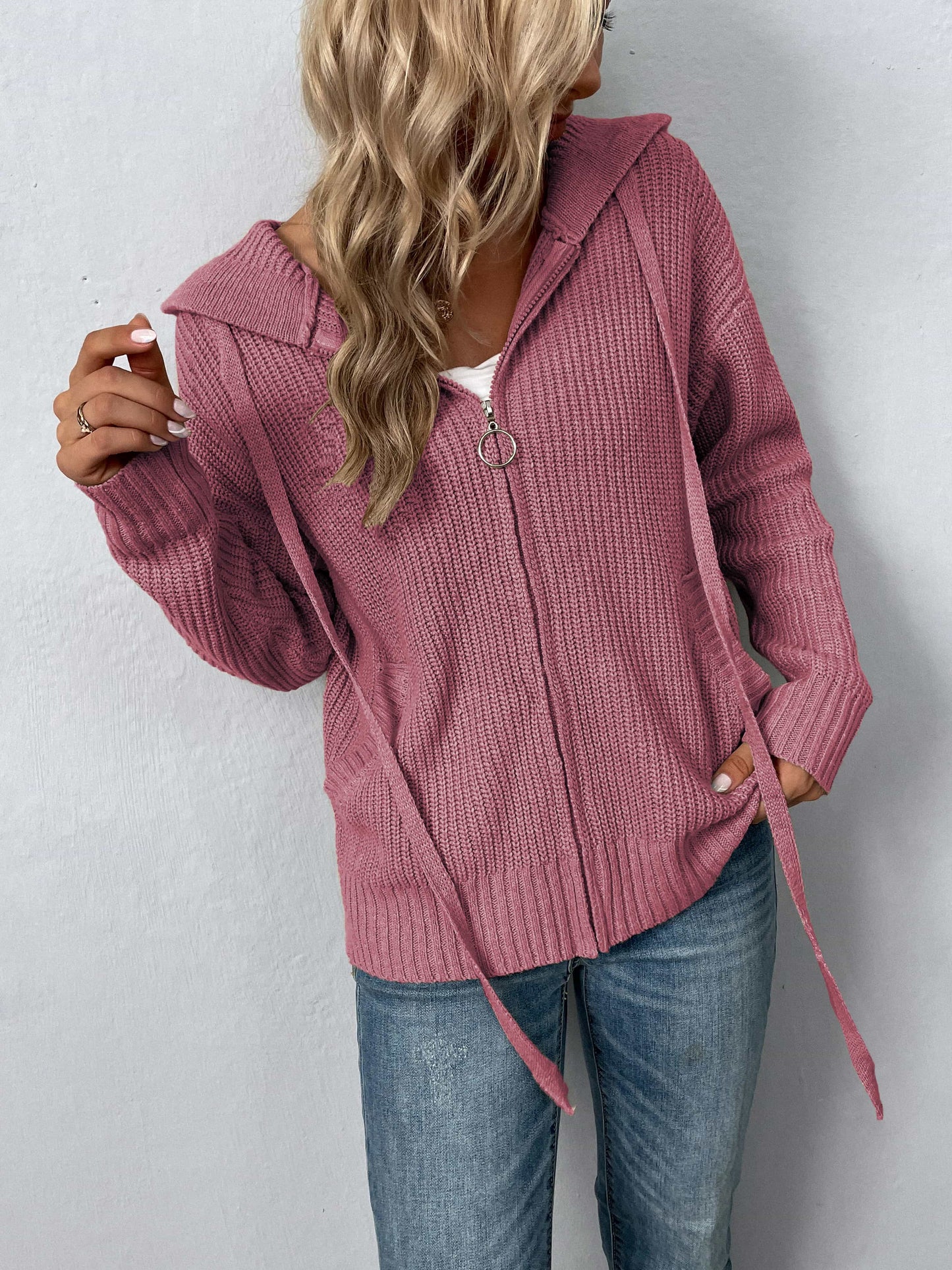 Rib Knit Zip-Up Hooded Cardigan