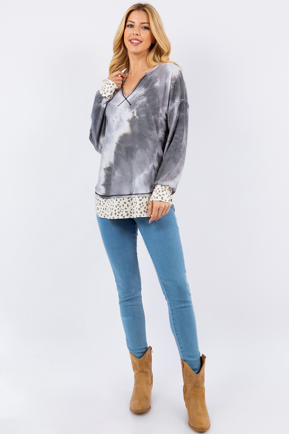 Gray Contrast Stitching Split Neckline Blouse