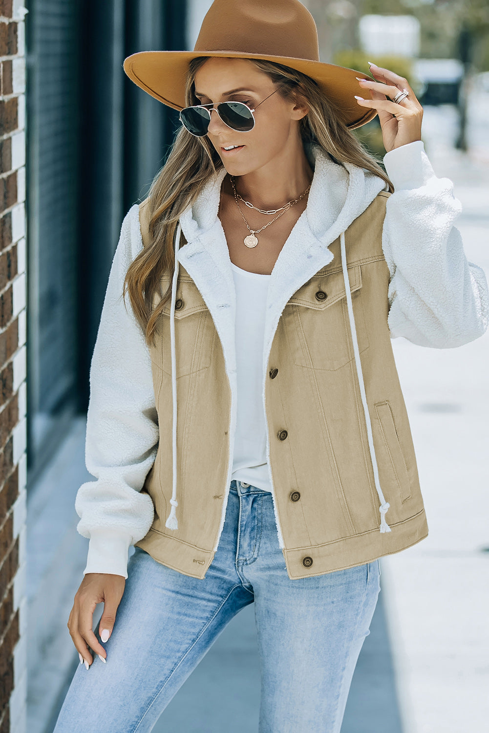 Layered Look Denim Sherpa Hooded Jacket