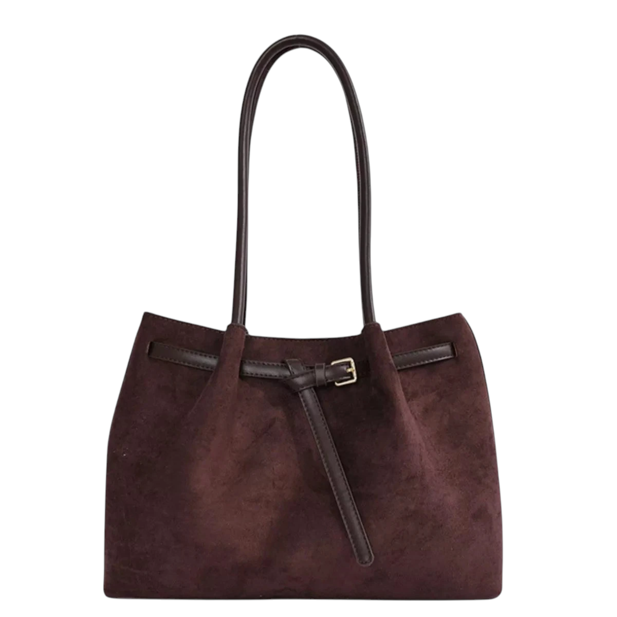 Beach Rose Co. brown suede shoulder bag with double handles and decorative buckle belt detail.