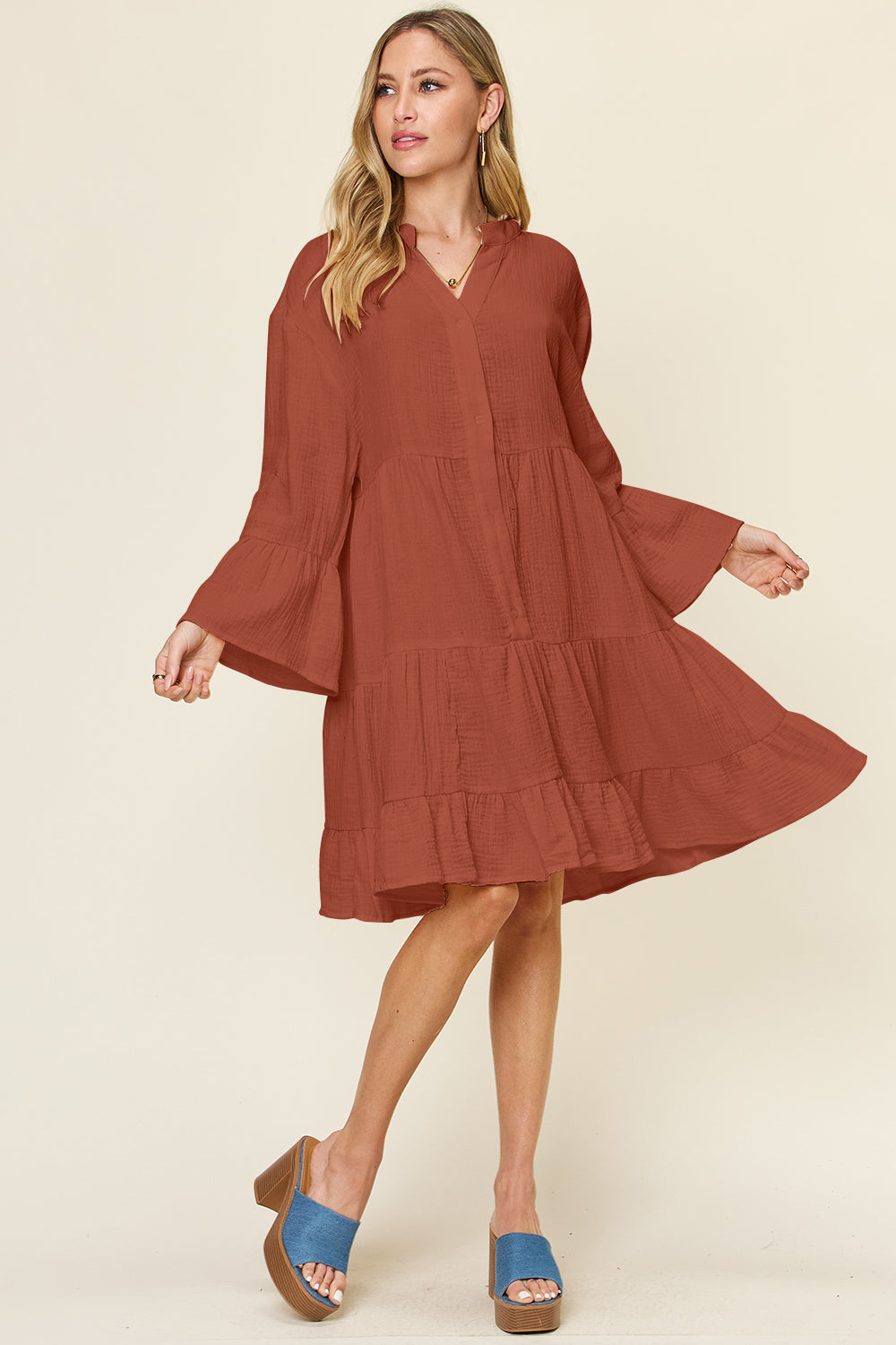 Textured Button Up Ruffle Hem Knee-Length Dress