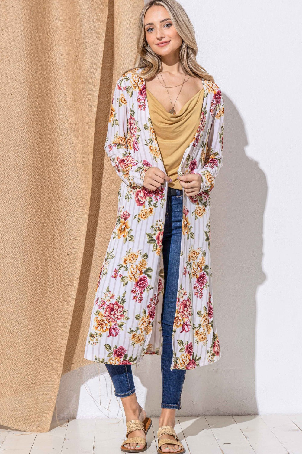 Floral Open Front Longline Cardigan Kimono in Burgundy Stripe