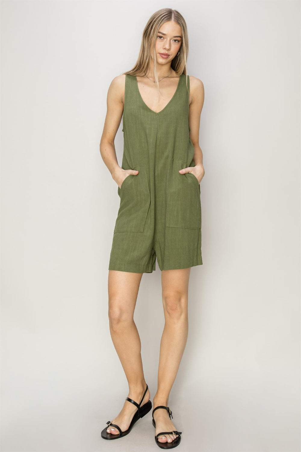 V-Neck Sleeveless Romper with Pockets in Moss