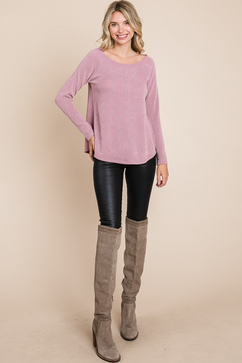 Rib Knit Boat Neck Top in Mauve