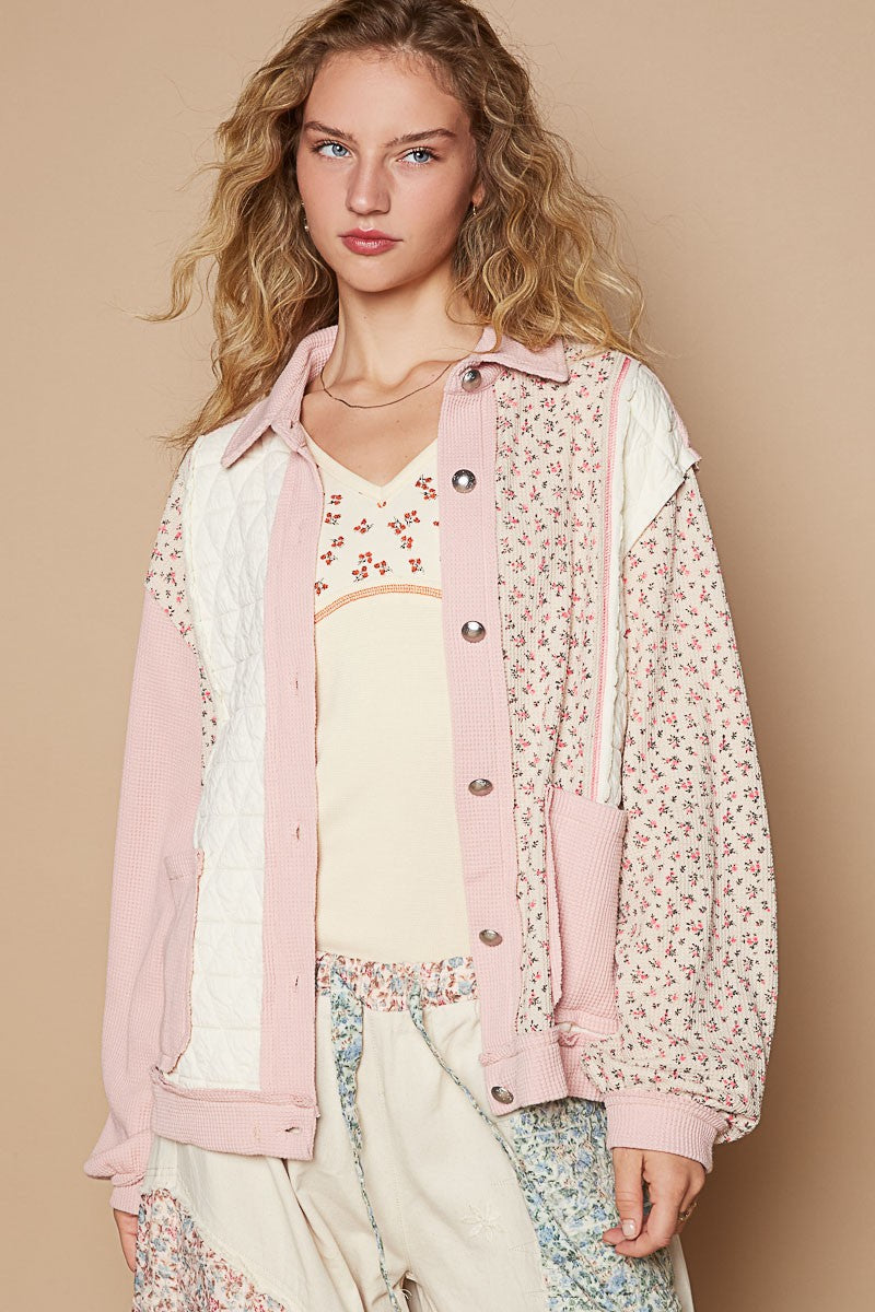 Pink Floral Button Up Quilted Jacket