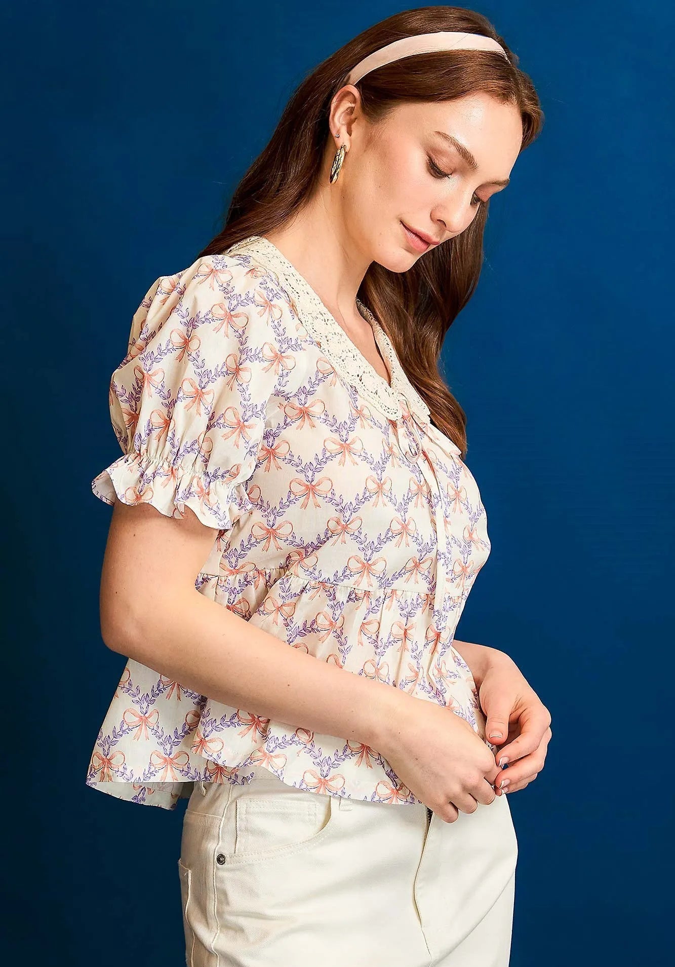 Peach & Lavender Bow Print Ruffle Sleeve Blouse