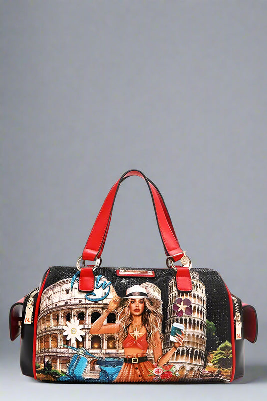 Handbag with a design of a woman in a hat and dress, standing in front of a famous landmark, on a white background.