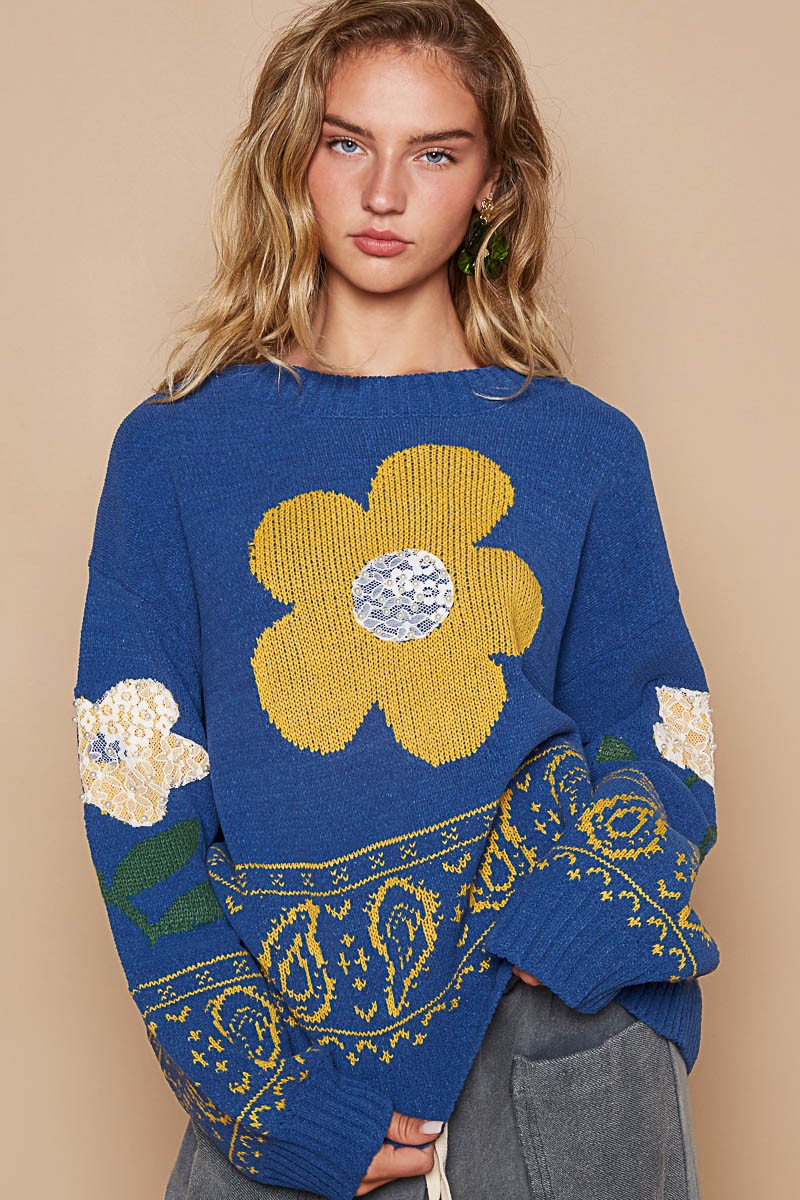 Blue Lace Flower Patch Long Sleeve Sweater