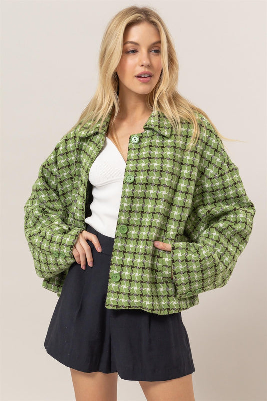 Green Tweed Plaid Button Up Jacket