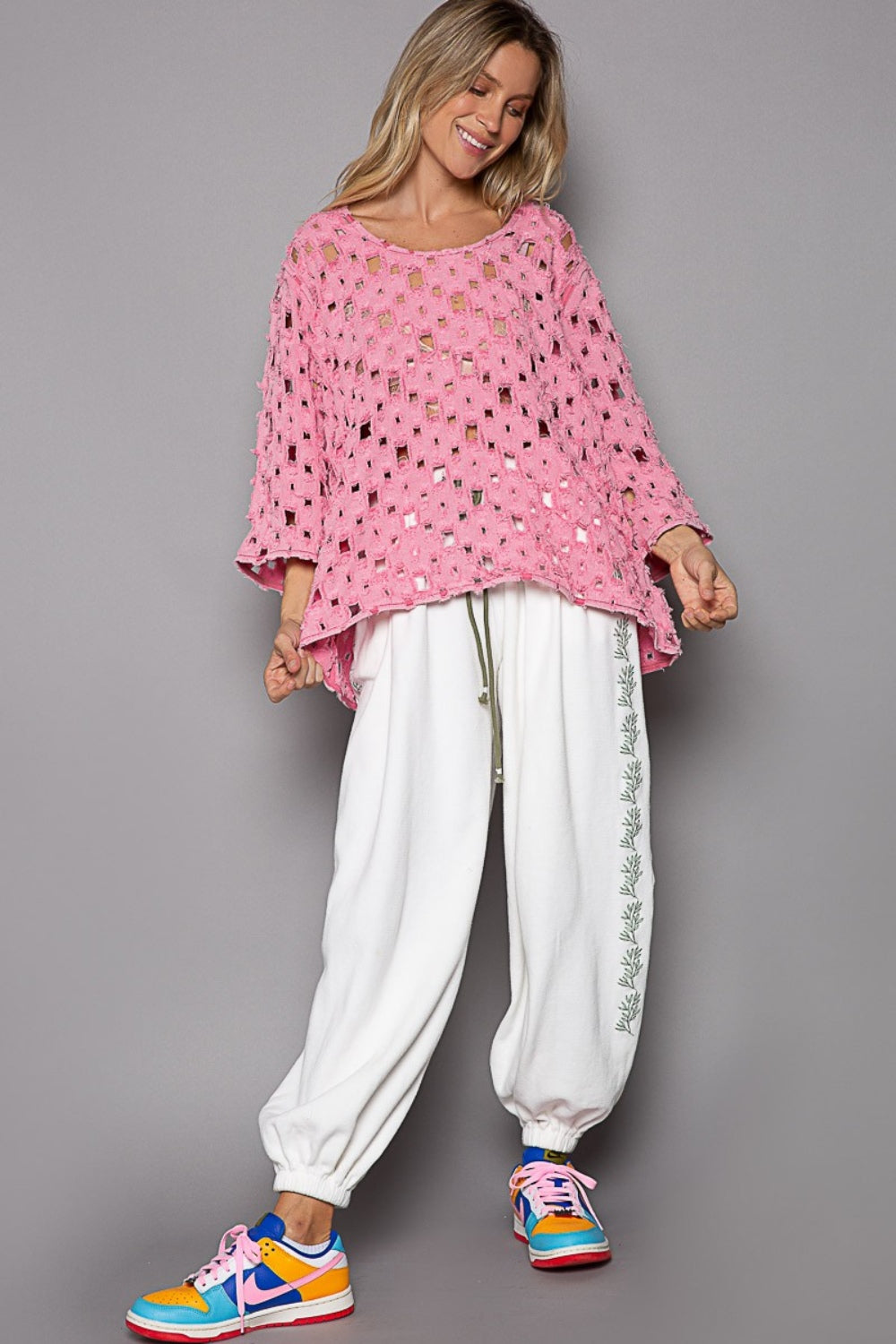 Distressed Openwork Top in Punch Pink