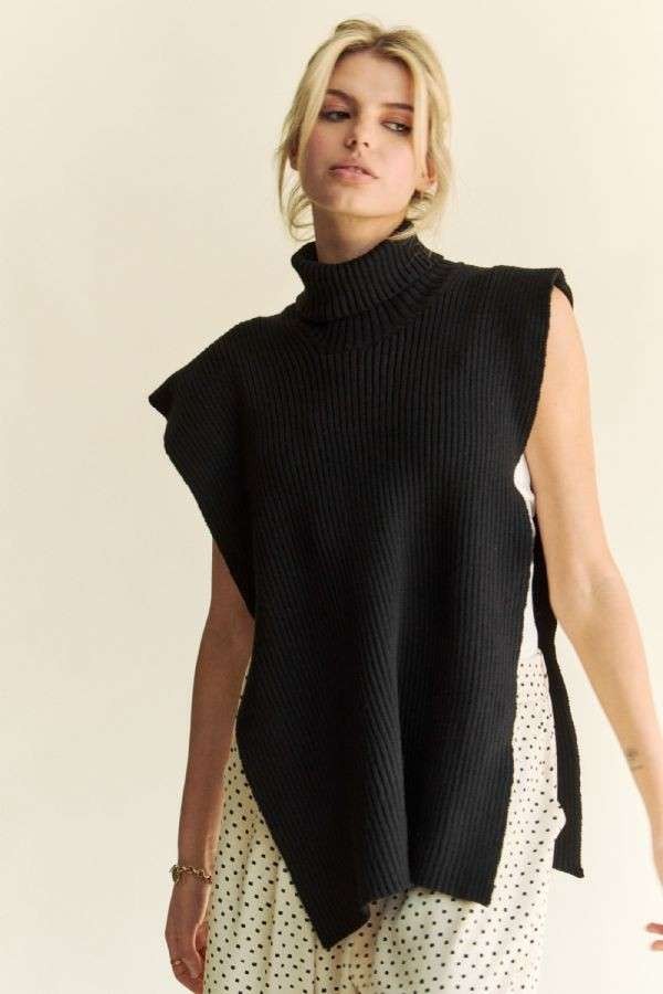 Black Turtleneck Side Tie Poncho Top