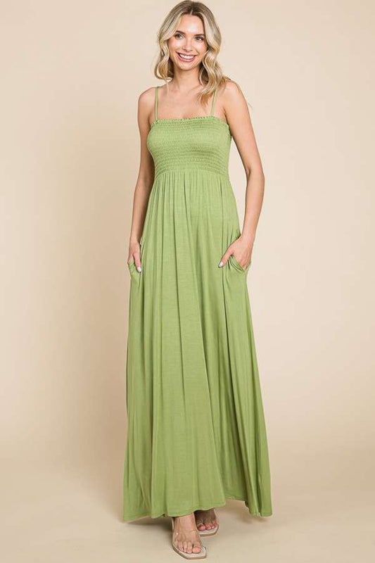 Smocked Cami Maxi Dress with Pockets in Happy Olive