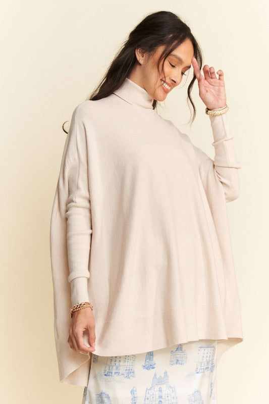 High-Low Hem Knit Turtleneck Top in Cream