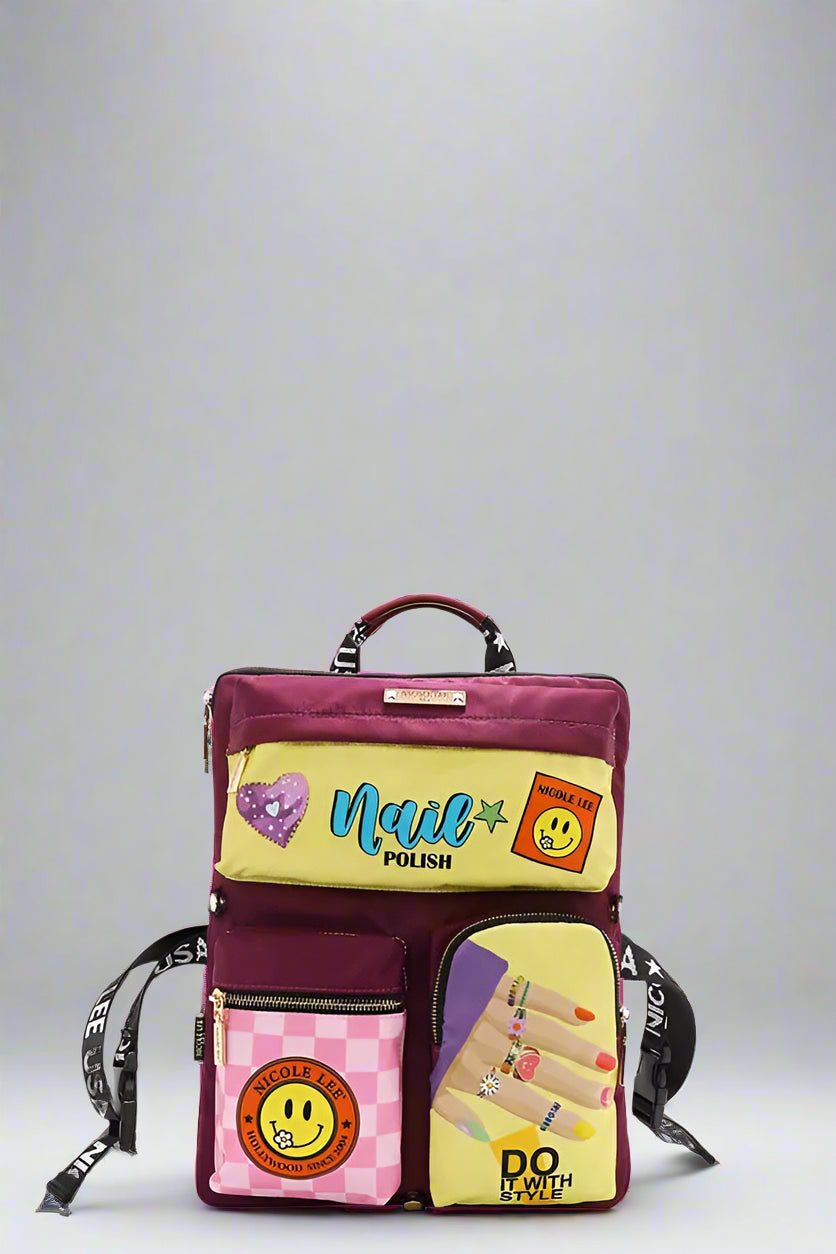 Colorful backpack with multiple pockets and designs on a white background