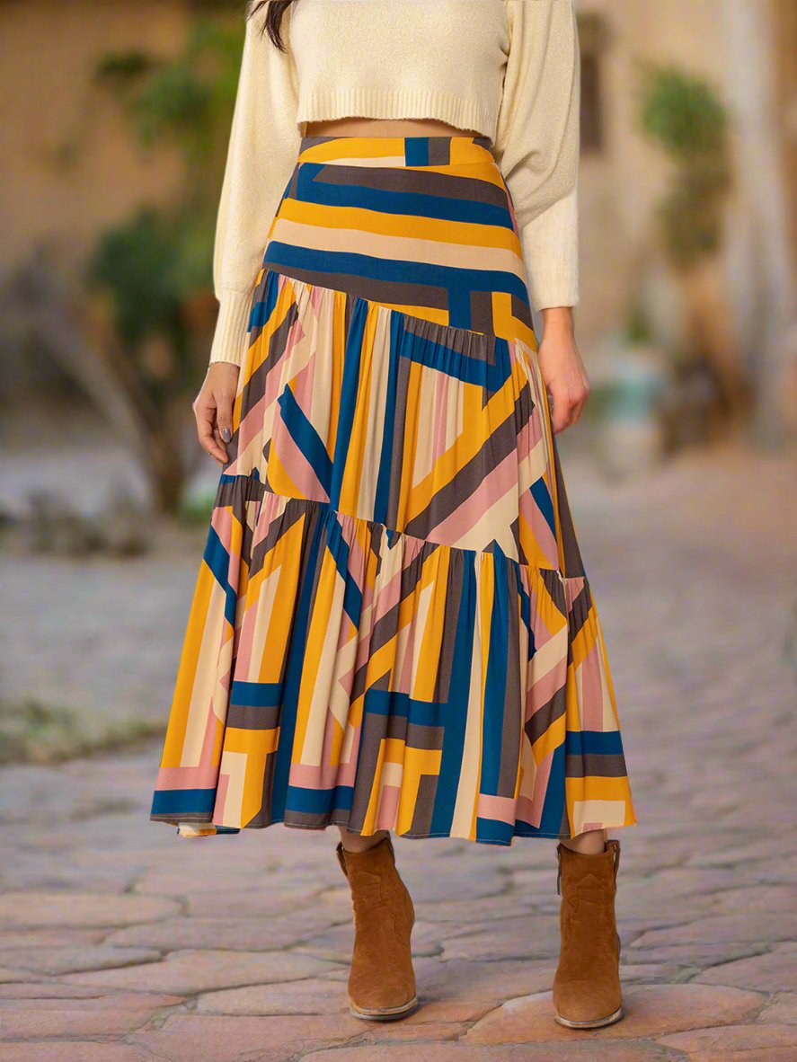 Multicolor Geometric Elastic Waist Midi Skirt