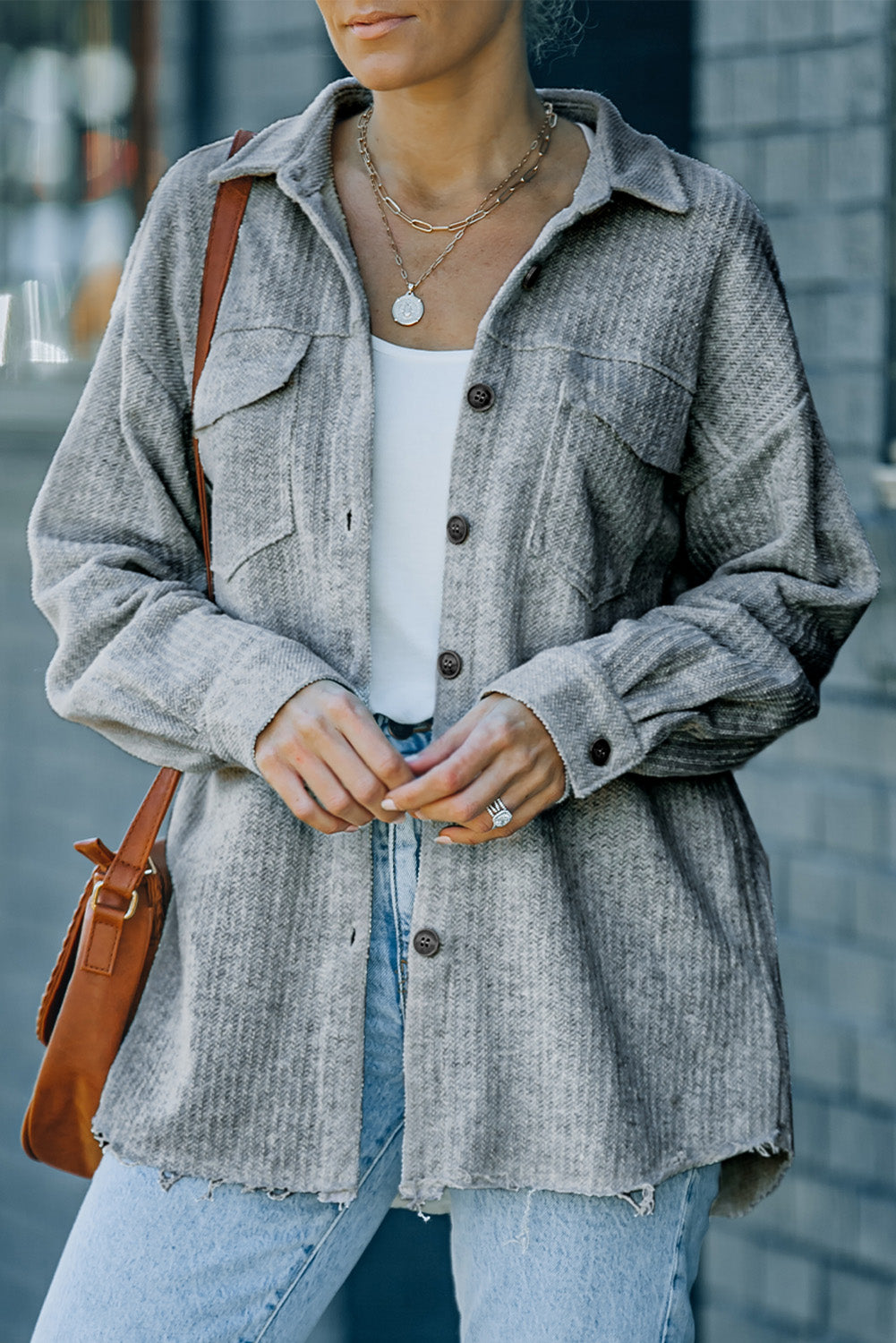 Gray Button Down Raw Edge Shacket