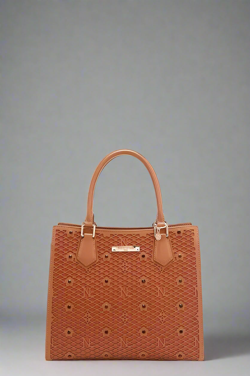 Brown woven handbag with a visible brand logo on a white background
