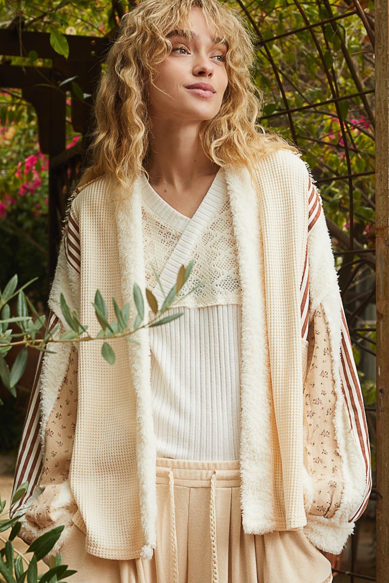 Open Front Fleece Cardigan in Cream