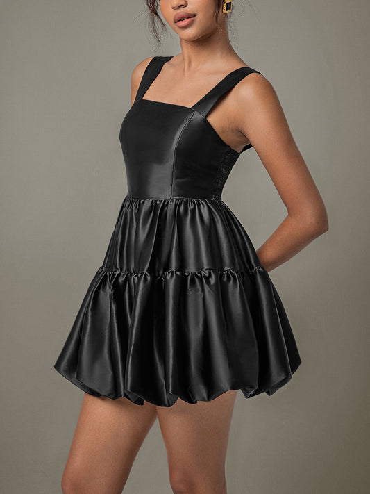 Black Sleeveless Satin Bubble Mini Dress