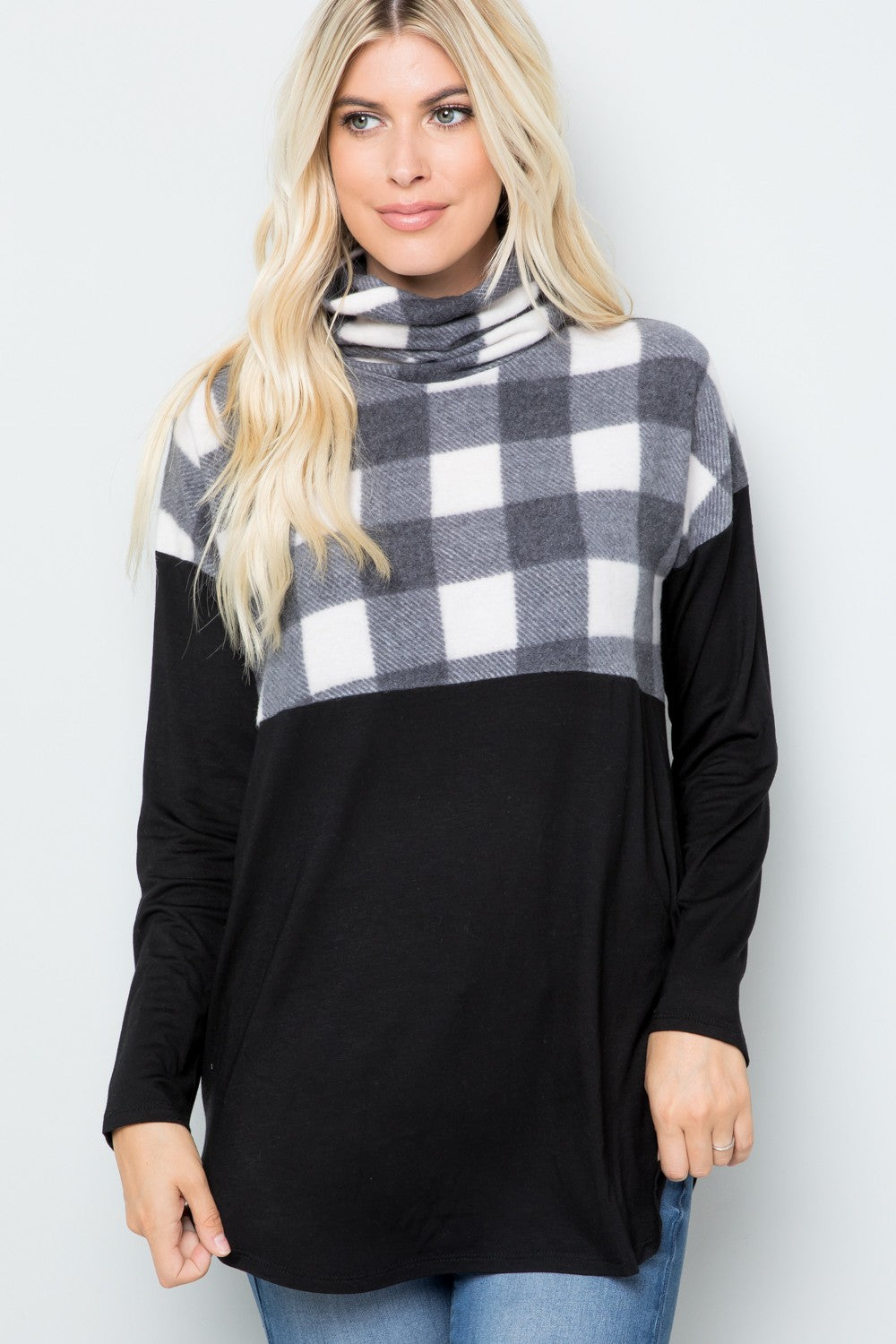 Black & White Plaid Long Sleeve Turtleneck Blouse