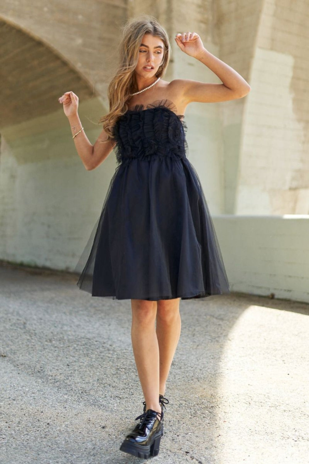 Black Ruffle Tulle Strapless Mini Swing Dress