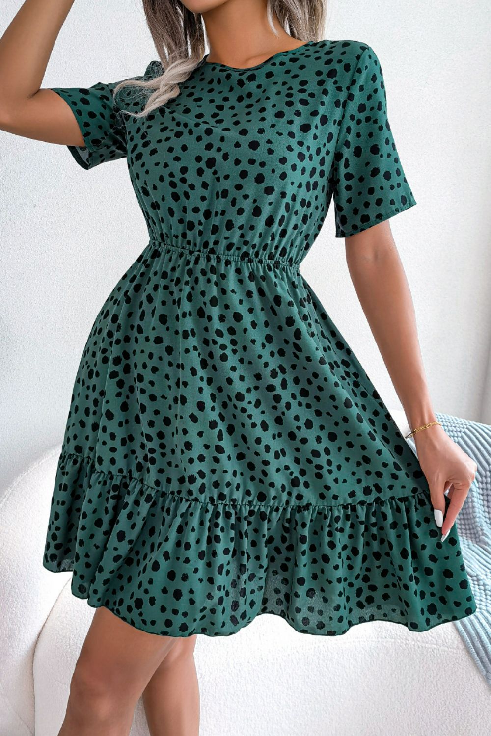 Printed Short Sleeve Ruffle Hem Mini Dress