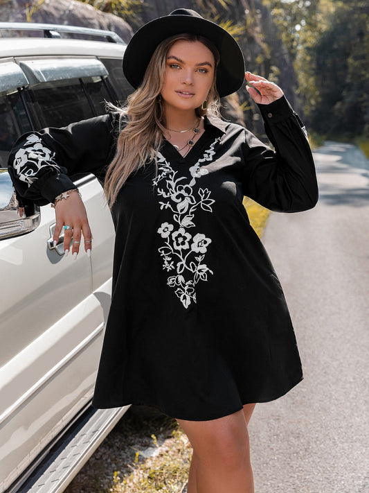 Plus Size Black Embroidered Long Sleeve Mini Dress