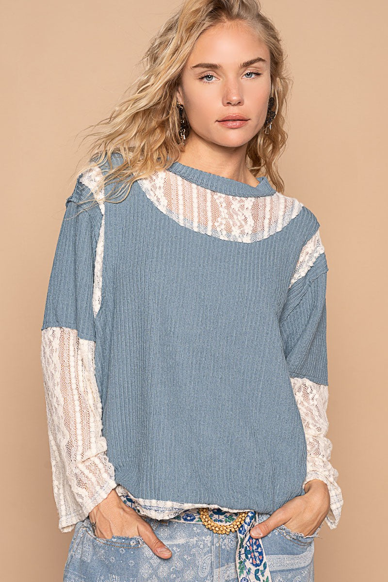 Cornflower Blue Lace Panel Long Sleeve Top