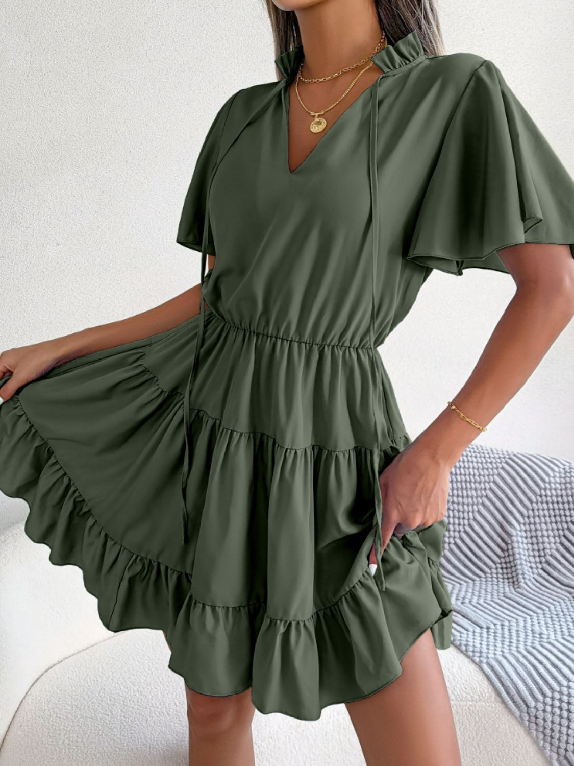 Tie Neck Tiered Flutter Sleeve Mini Dress