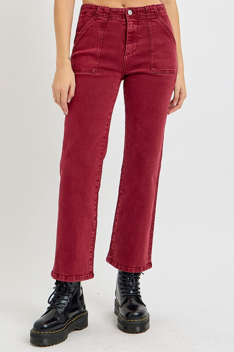 High Rise Straight Leg Jeans in Wine