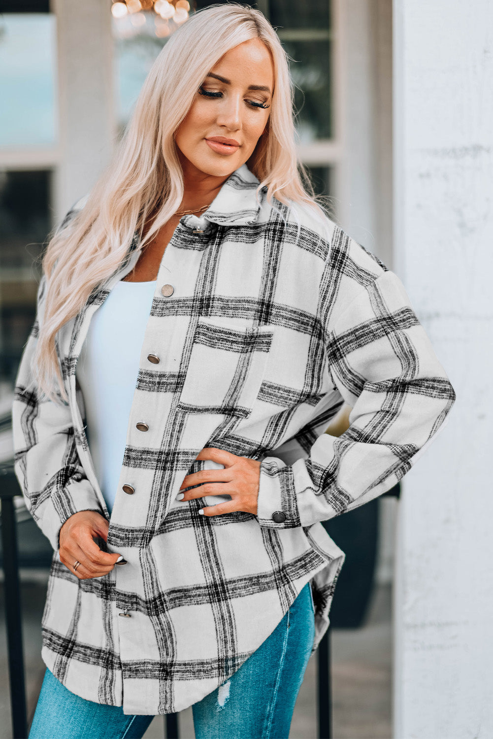 Plaid Curved Hem Longline Shacket