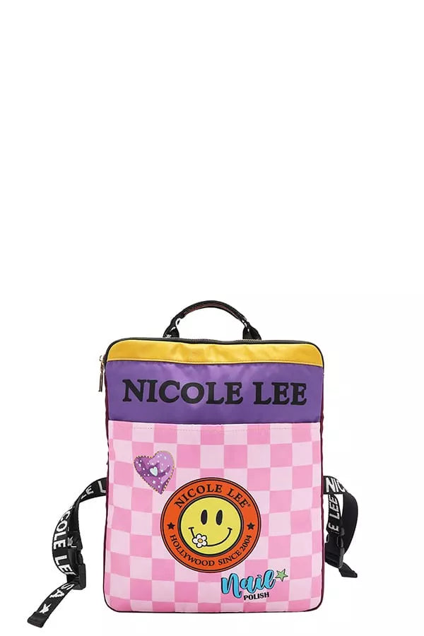 Pink checkered backpack with purple accents and 'Nicole Lee' branding on a white background