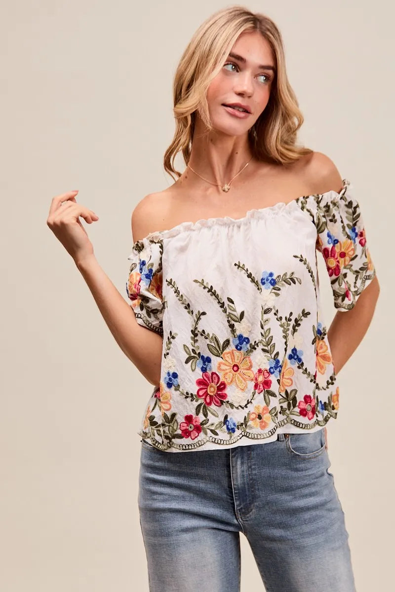 Woman wearing a floral off-shoulder top and jeans on a beige background
