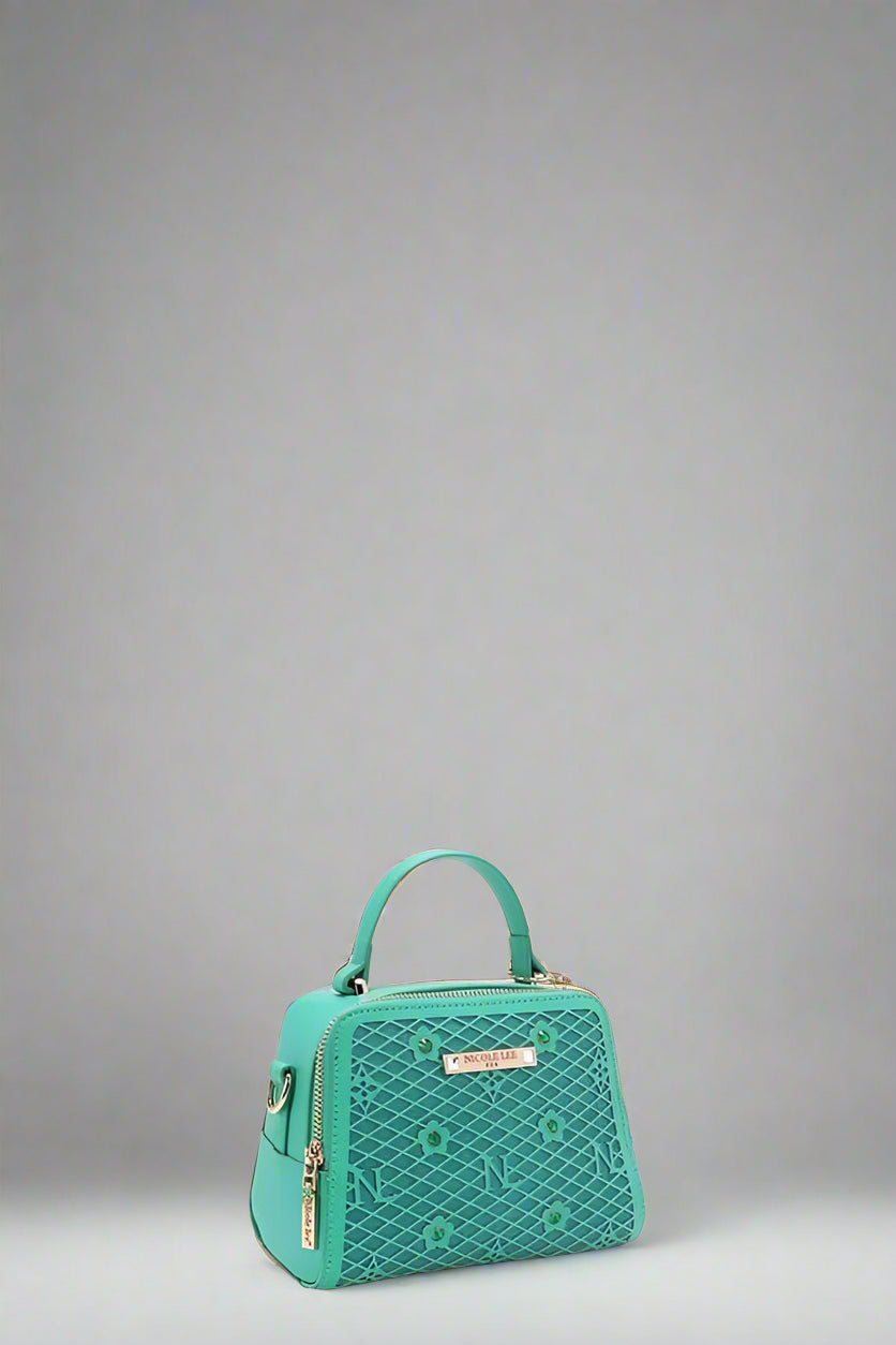Teal handbag with a quilted design on a white background
