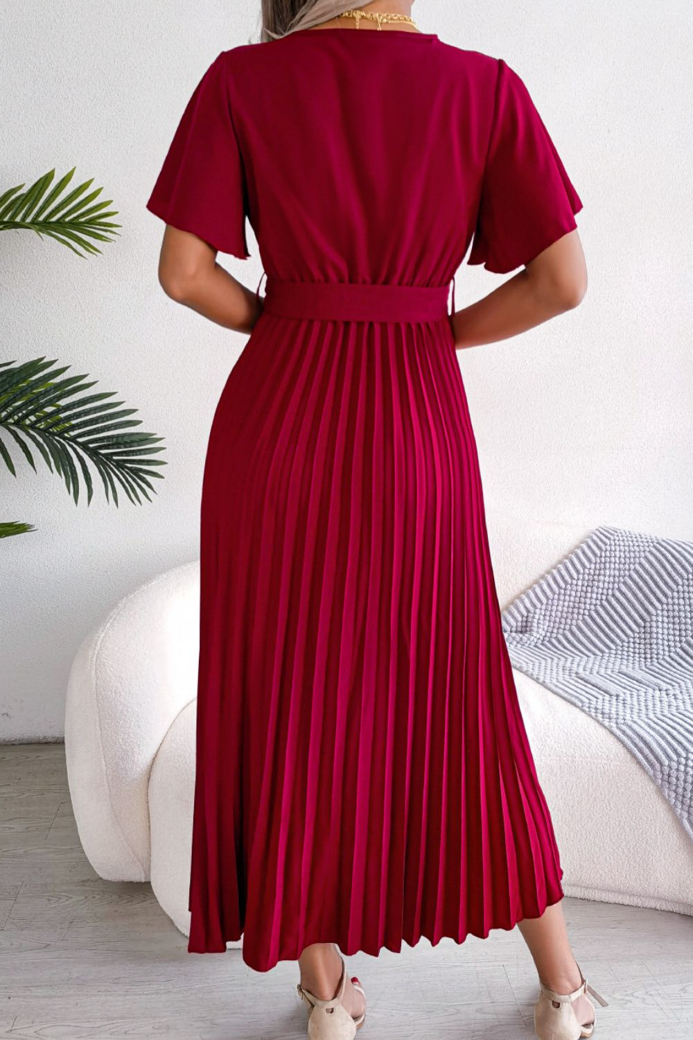 Pleated Flutter Sleeve Tie Waist Midi Dress