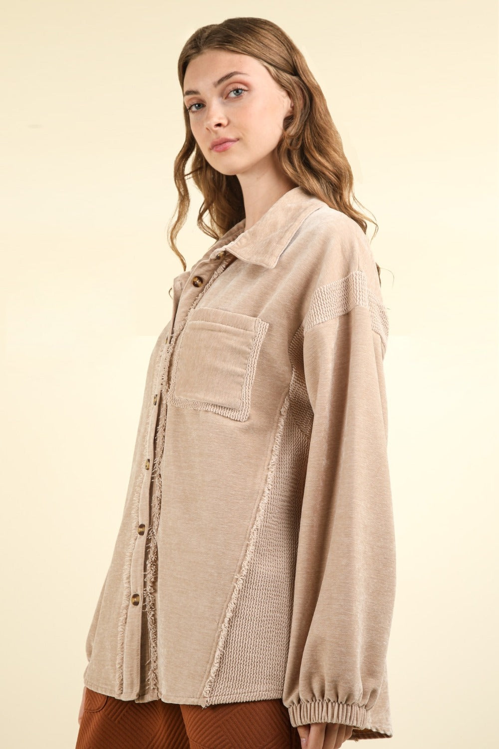 Mixed Media Button Down Raw Hem Shacket in Taupe