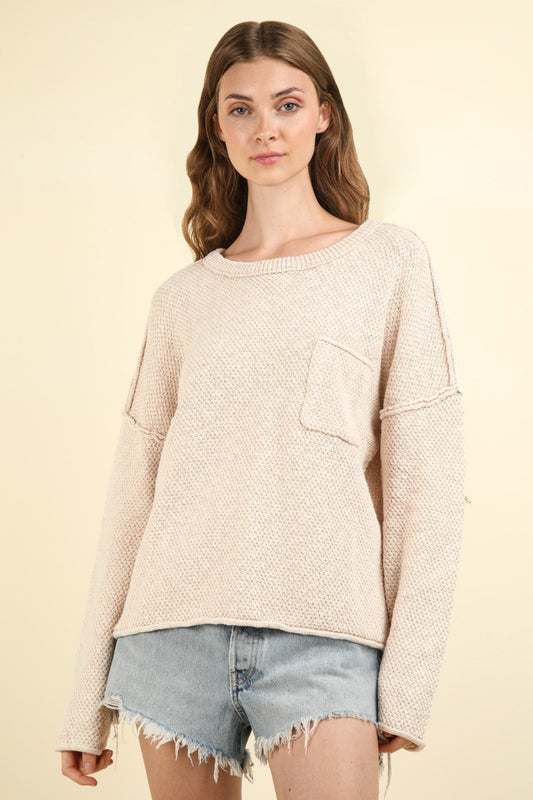 Beige Mineral Washed Exposed Seams Sweater