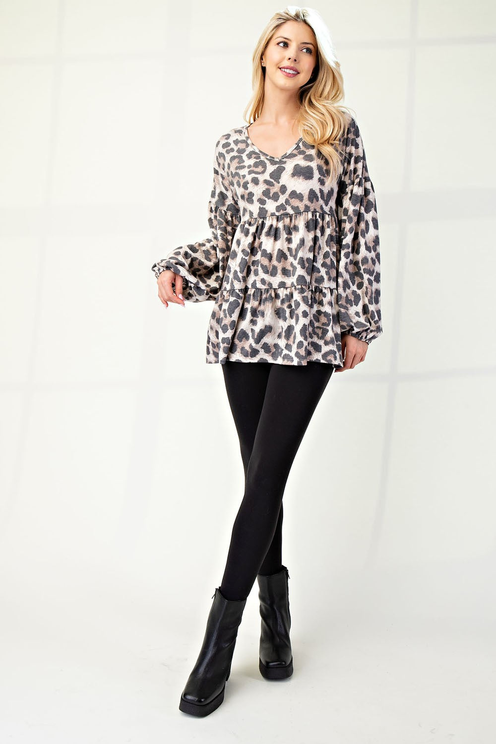 Leopard Print V-Neck Long Sleeve Blouse